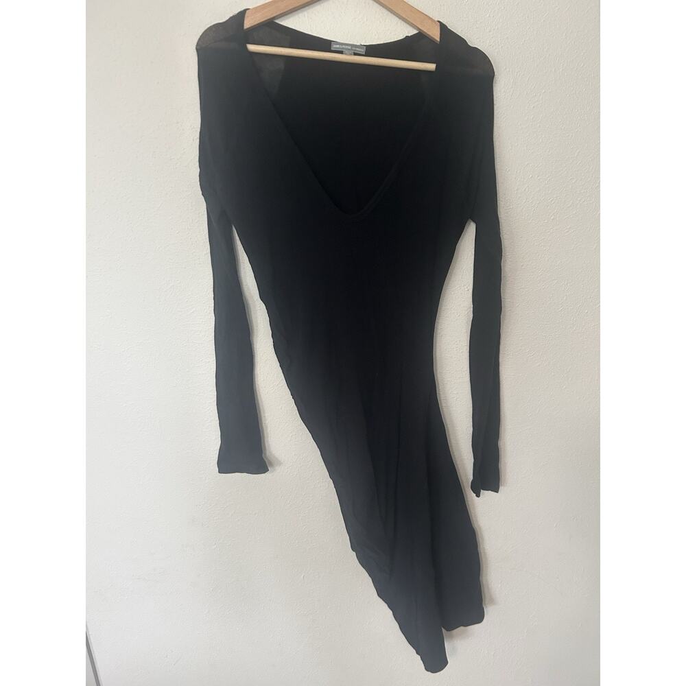 James Perse Black Midi Dress Size 3 V-Neck Ruched Asymmetric Stretch Long Sleeve